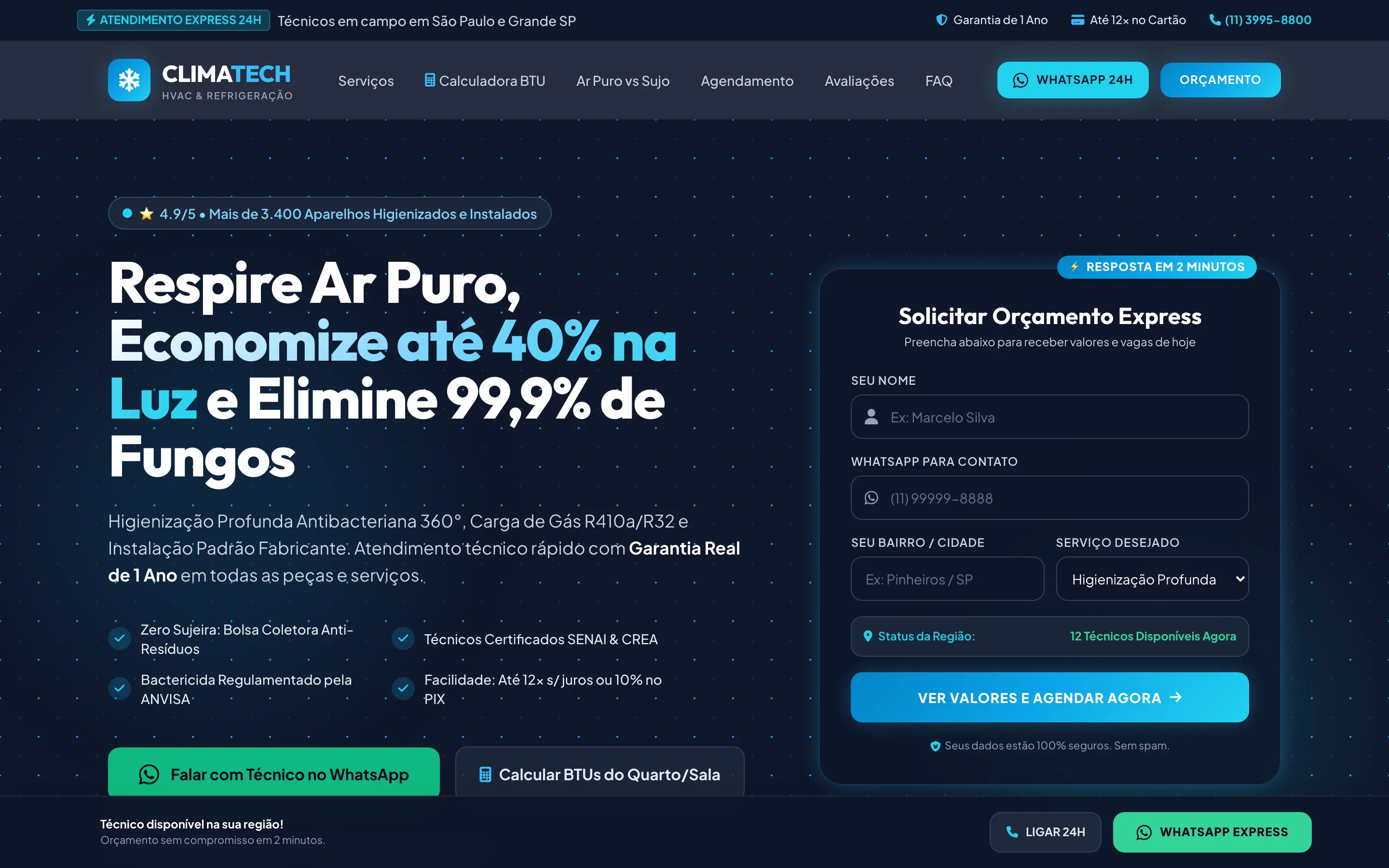 Modelo de site de uma página para instalação de ar-condicionado
