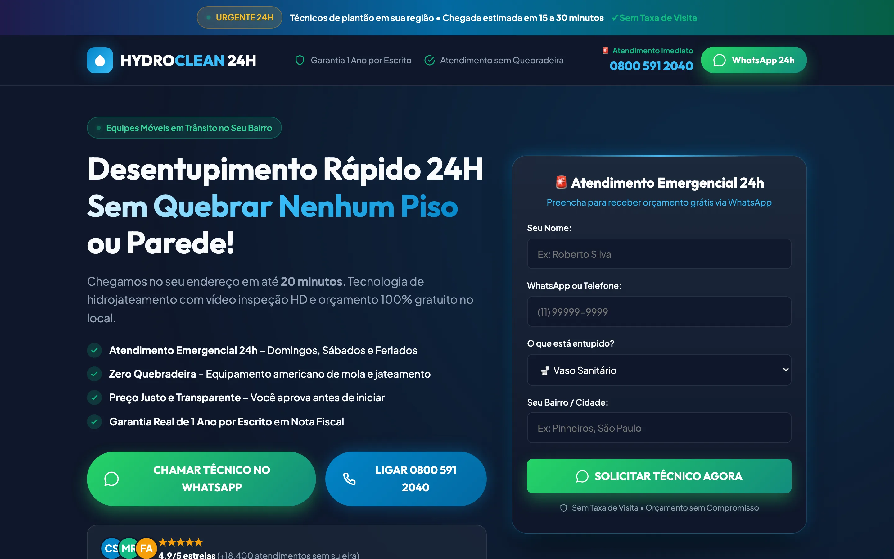 Modelo de site de uma página para desentupidora 24 horas