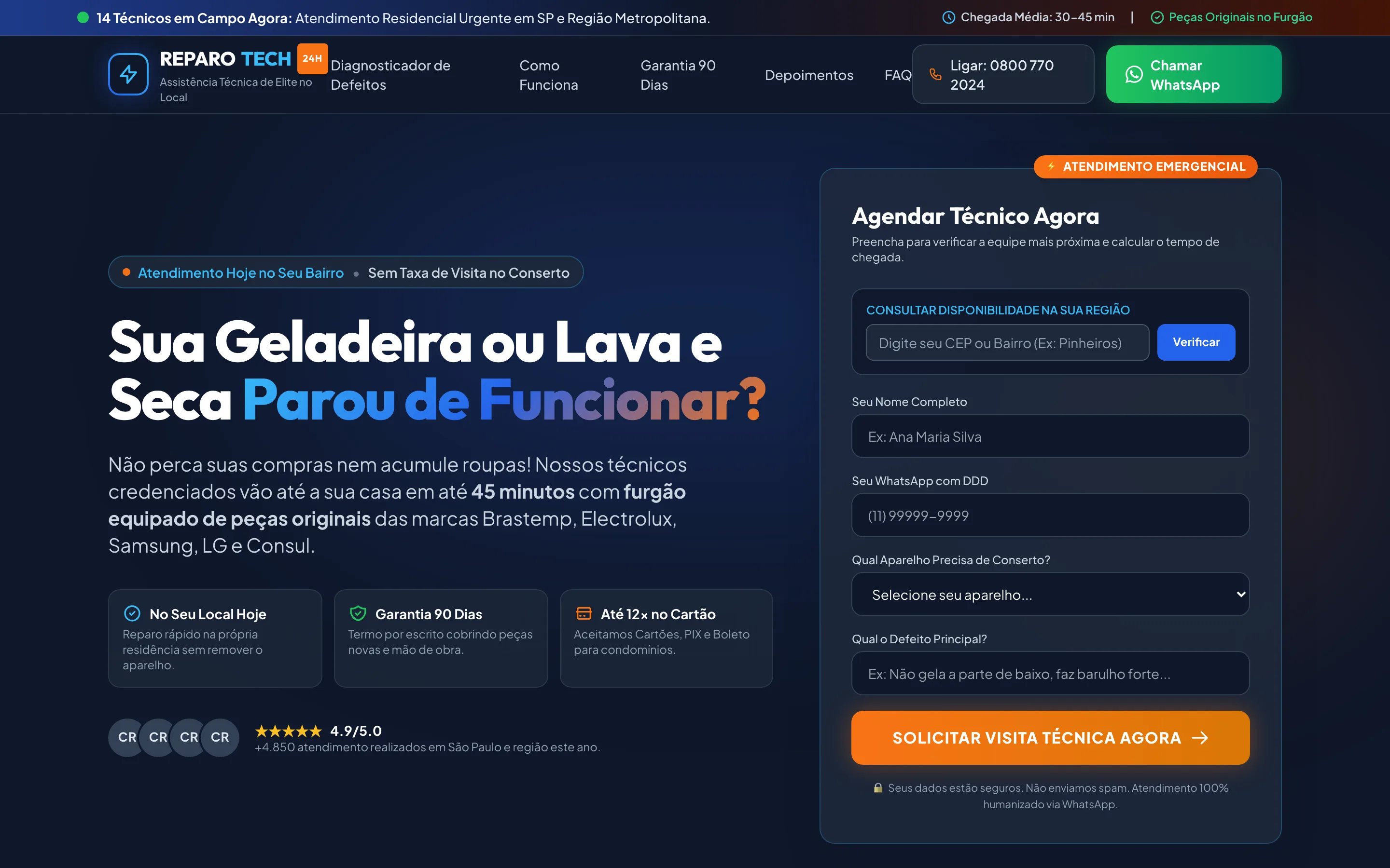 Modelo de site de uma página para conserto de geladeiras