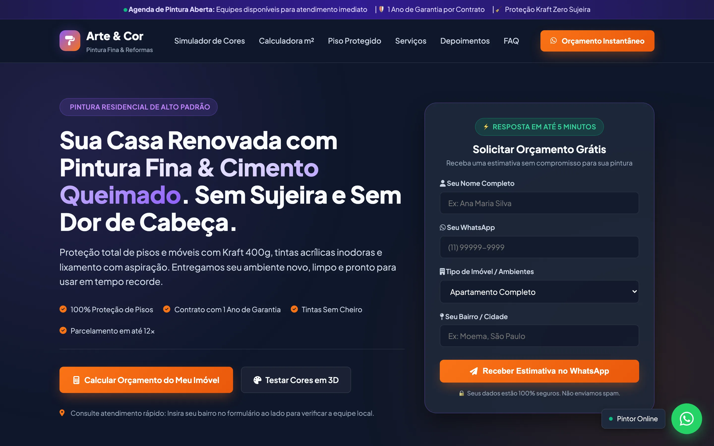 Modelo de site de uma página para pintura e reforma