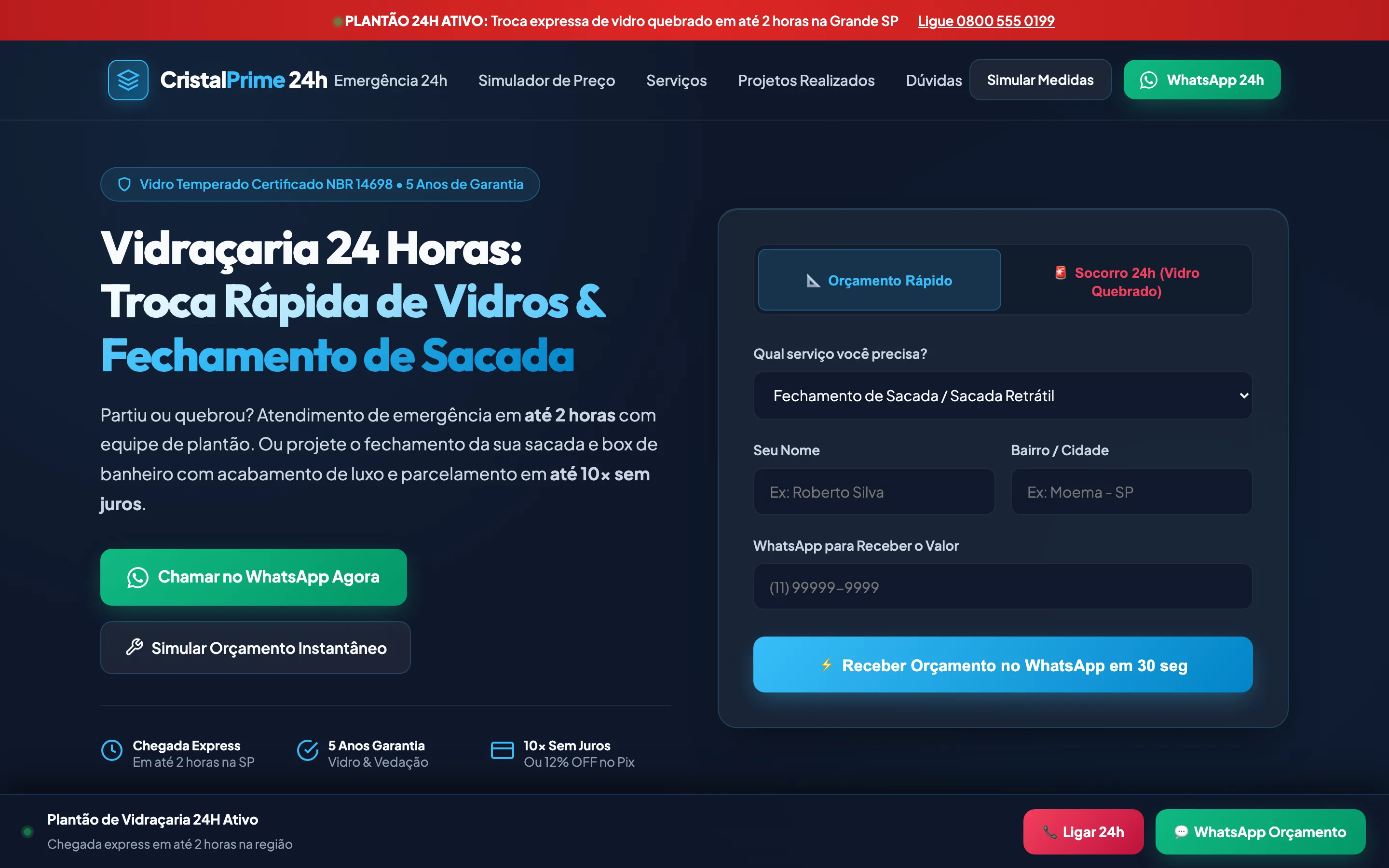 Modelo de site de uma página para vidraçaria 24 horas